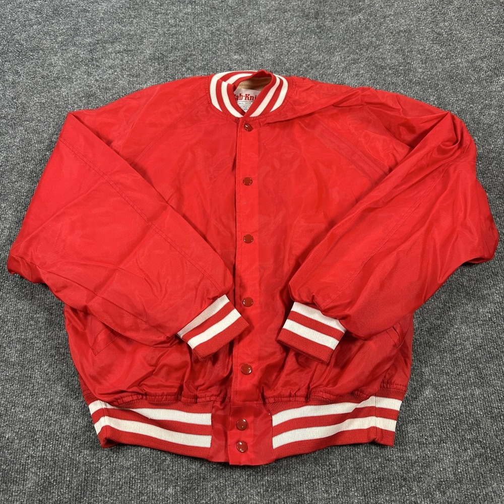 Vintage Fab-Knit First National Bank Jacket Mens XL Red Nylon Varsity Bomber